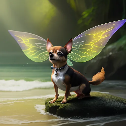 low res image to high res - a small dog with a butterfly wings on its head sitting on a rock in the water near the beach, by Pixar Concept Artists