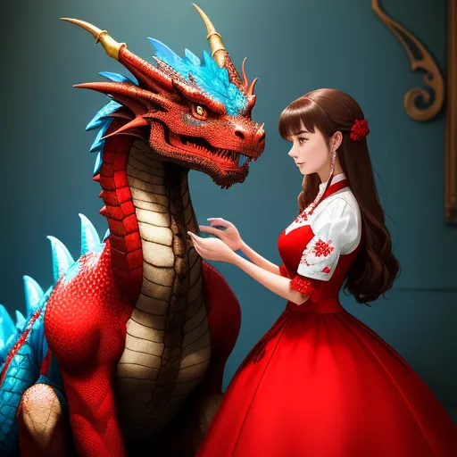 a woman in a red dress next to a dragon statue in a room with a blue wall and a blue wall, by Hayao Miyazaki