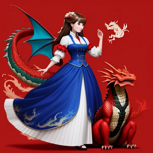 a woman in a blue dress standing next to a dragon on a red background with a red background and a red background, by Chen Daofu