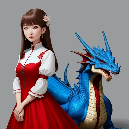a woman in a red dress next to a blue dragon statue on a gray background, with a gray background, by Chen Daofu