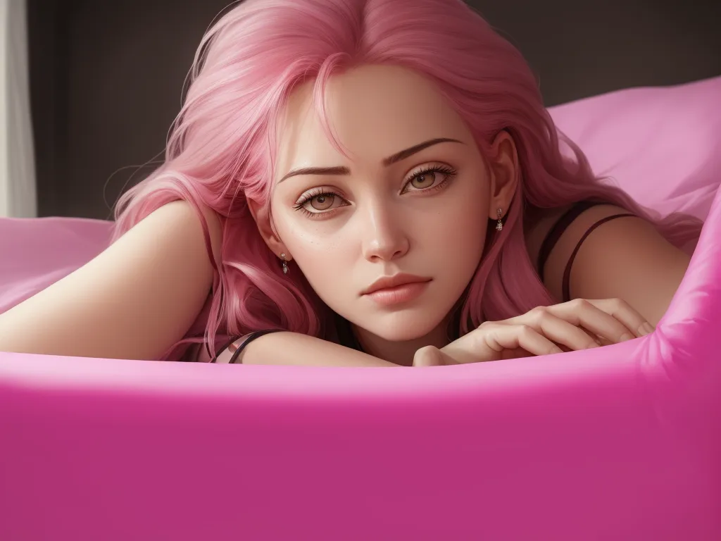 ai image app - a woman with pink hair laying in a bed with a pink comforter and pillows on it's sides, by Daniela Uhlig