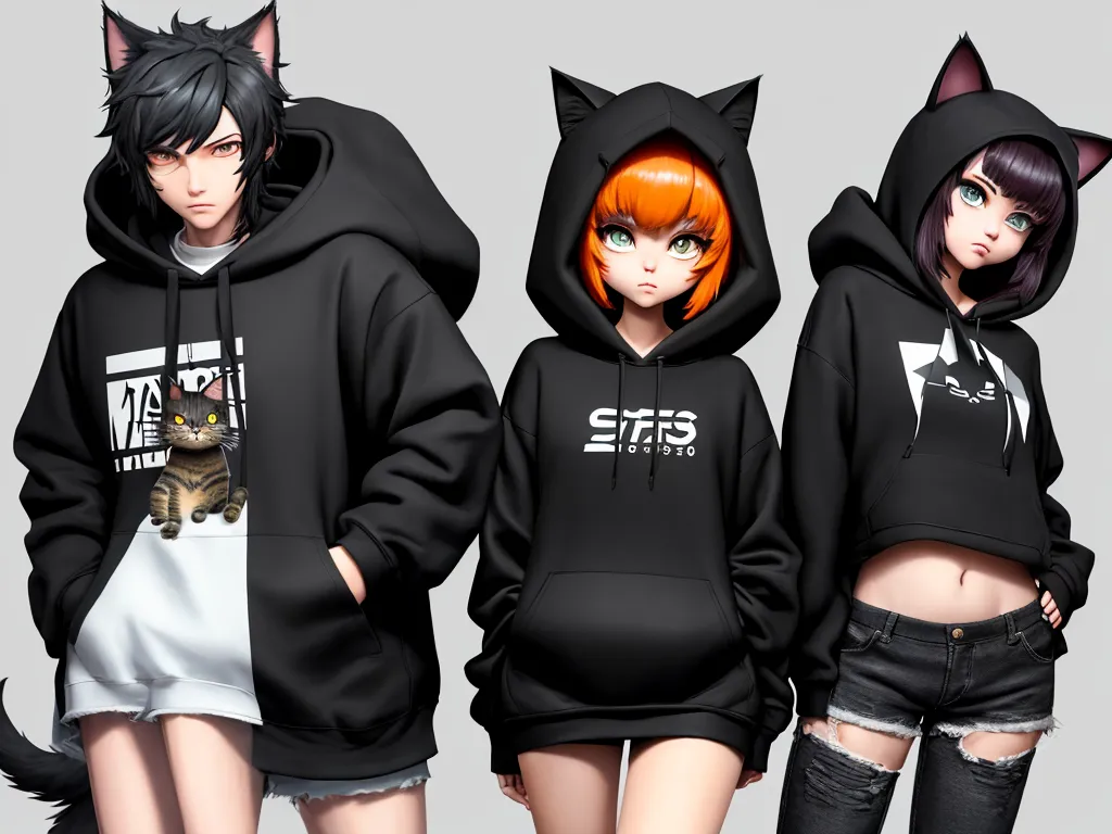 upscale images - three anime characters wearing black hoodies with cats on them and a cat on the front of the hoodie, by Baiōken Eishun