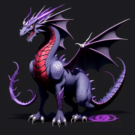 best text-to image ai - a purple dragon with red wings and a tail is standing in a pose with its mouth open and eyes closed, by Toei Animations