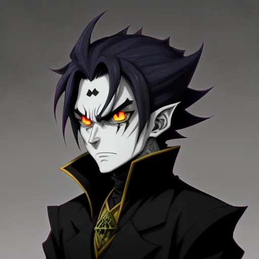 ai image generator names - a man with black hair and yellow eyes wearing a black coat and gold collared shirt with a green and yellow collar, by Toei Animations