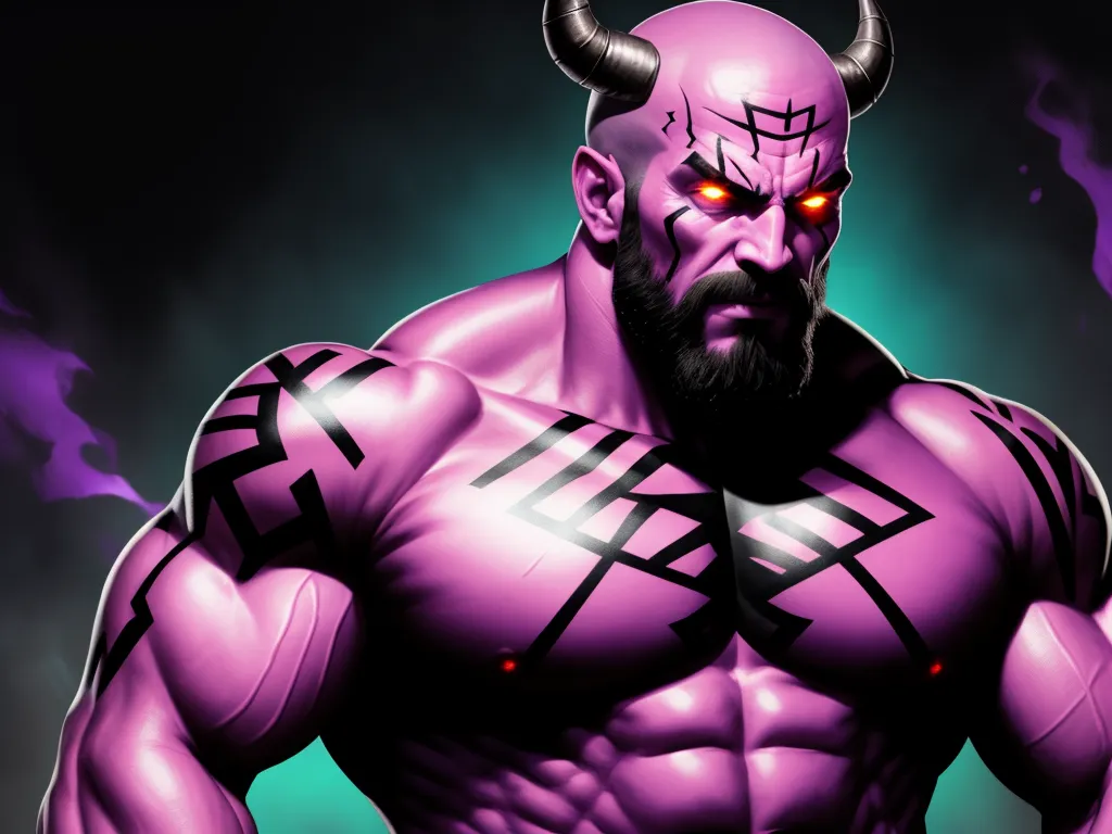 a man with a horned head and horns on his face and chest, with a purple background and a black background, by Hirohiko Araki