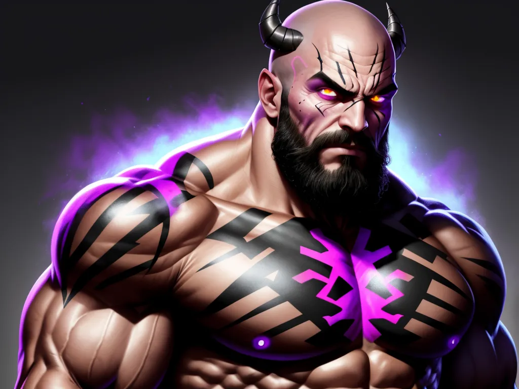 a man with a horned face and a beard with horns on his head and a purple and black striped shirt, by theCHAMBA