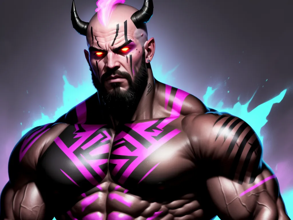 a man with a horned head and a pink and black outfit with horns on his head and a purple and black background, by theCHAMBA