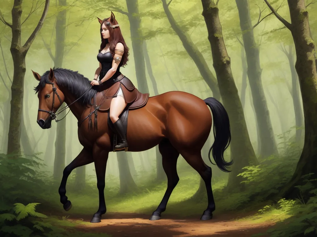 a woman riding a horse through a forest filled with trees and grass, with a forest background, and a path leading to the horse, by Hanna-Barbera
