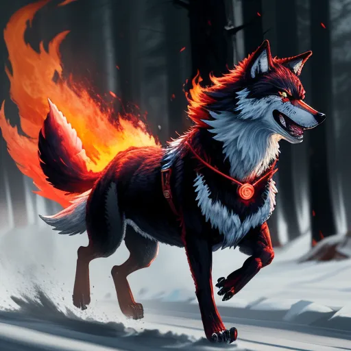 a wolf running through a forest on a leash with a glowing red light on its face and tail, with a fire in the background, by Cyril Rolando