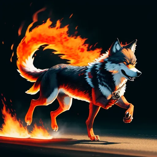 increase the resolution of an image - a wolf running through a fire filled street with a black background and a red and yellow flame behind it, by Cyril Rolando