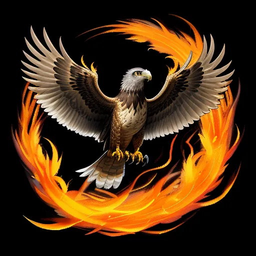 ai that creates any picture - a bird with orange and yellow feathers flying over a fire ring on a black background with a black background, by Hendrik van Steenwijk I