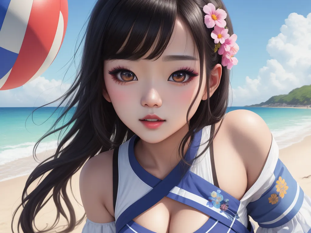 free high resolution images - a girl with a flower in her hair on the beach with a beach ball in the background and a blue sky, by Chen Daofu