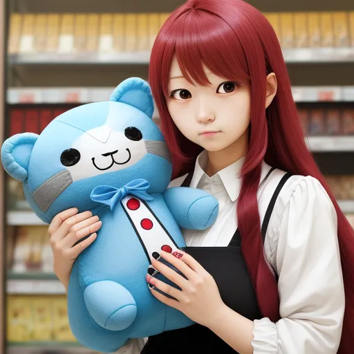 a woman holding a blue teddy bear in a store aisle with shelves of books behind her and a shelf of books behind her, by Taiyō Matsumoto