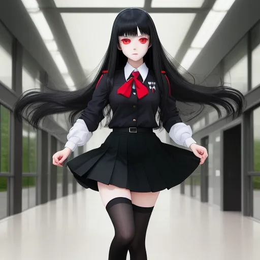 ai image upscaling - a woman in a uniform is walking down a hallway with long black hair and red eyes and a red bow tie, by Taiyō Matsumoto