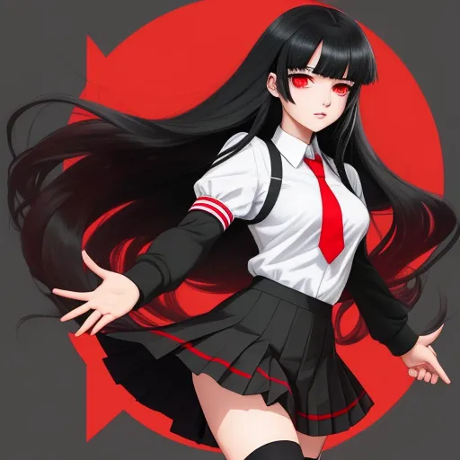ai generated images from text - a girl in a school uniform with long black hair and red eyes, with a red circle behind her, by Baiōken Eishun