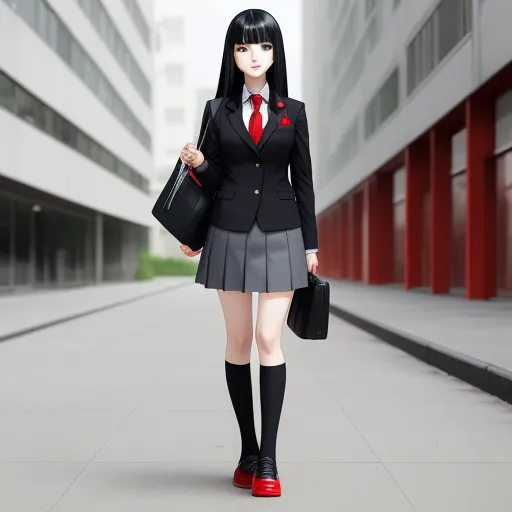 a woman in a school uniform is walking down the street with a briefcase and briefcase bag in her hand, by Terada Katsuya