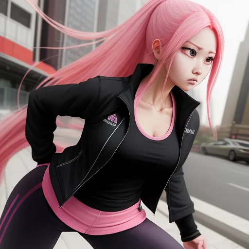 free high resolution images - a woman with pink hair and a black top is posing for a picture in a city street with a car, by Akira Toriyama
