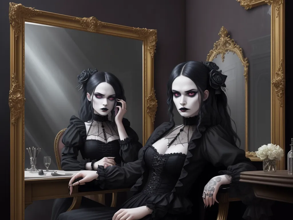 ai generated images from text online - a woman sitting in a chair in front of a mirror with a cell phone to her ear and a mirror to her right, by Tom Bagshaw