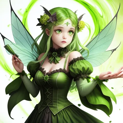 best free text to image ai - a green fairy with green hair and green wings holding a green object in her hand and a green background, by Masaaki Sasamoto