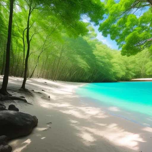 a painting of a beach with trees and water in the background and a blue sky above it with a sunbeam, by Yoshiyuki Tomino