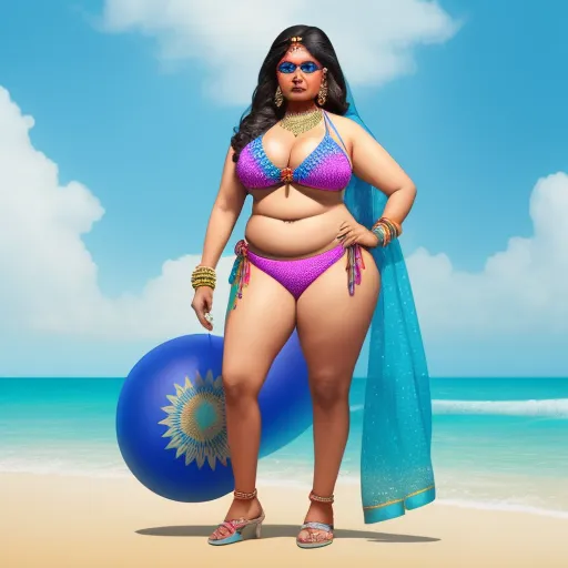 best ai photo enhancement software - a woman in a bikini standing on a beach with a blue ball and towel around her neck and a towel around her neck, by Kehinde Wiley