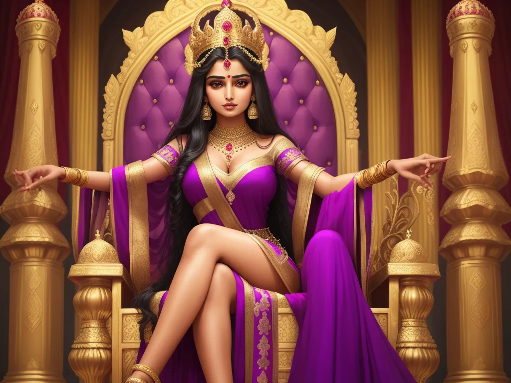 make a picture 4k online - a woman in a purple dress sitting on a throne with her arms outstretched and legs crossed, with a crown on her head, by Raja Ravi Varma