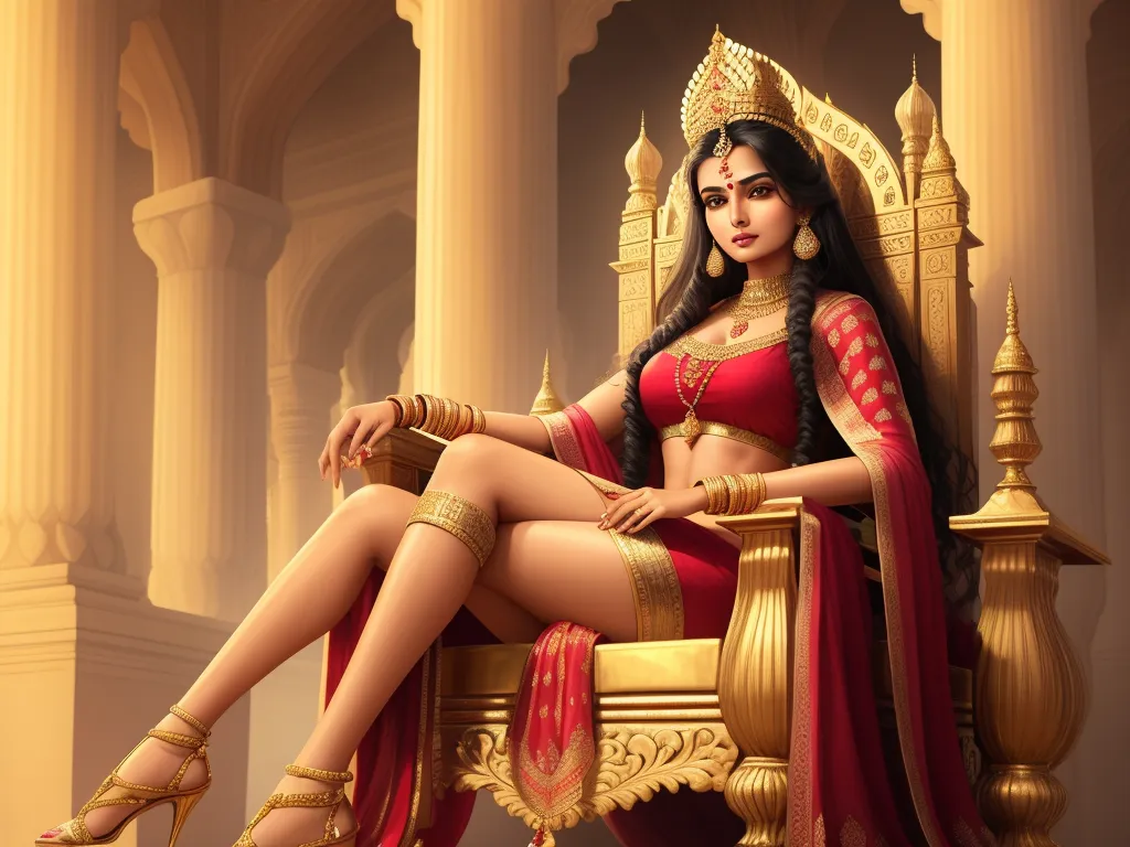 ai image generator from text online - a woman in a red dress sitting on a golden throne with a crown on her head and a red scarf around her neck, by Raja Ravi Varma