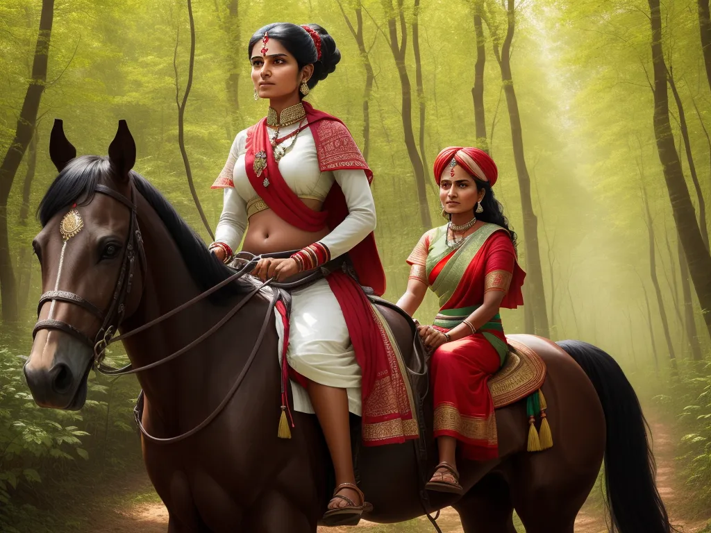 a painting of two women riding on a horse in the woods with trees in the background and a forest path, by Raja Ravi Varma