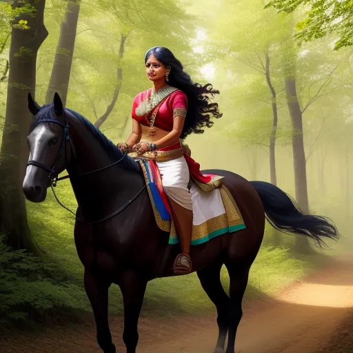 a woman in a red and white outfit riding a horse in a forest with trees and dirt path in the foreground, by Raja Ravi Varma