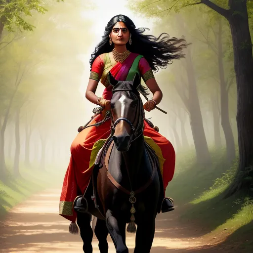 ai text to image generator - a woman riding a horse in a forest with trees and grass behind her and a path leading to the woods, by Raja Ravi Varma