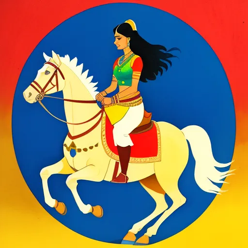 a woman riding a white horse in a blue circle with a red and yellow background and a yellow and red background, by Jamini Roy