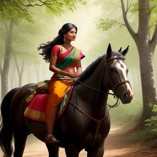 a woman in a sari riding a horse in a forest with trees and leaves on the ground and a trail behind her, by Raja Ravi Varma