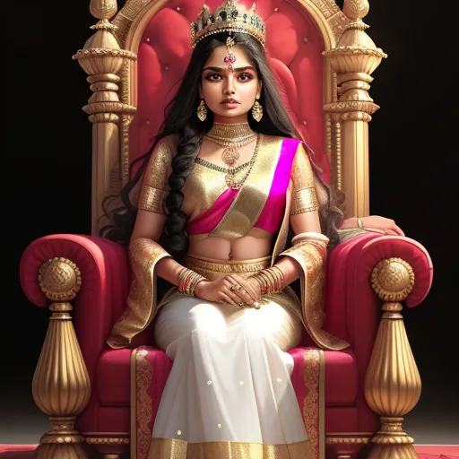 ai generated images from text - a woman sitting on a throne with a crown on her head and a pink sash around her neck, wearing a gold and pink sari, by Raja Ravi Varma