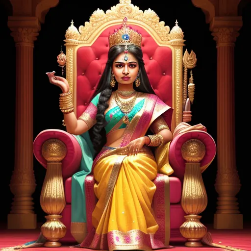 a woman sitting on a red chair with a gold crown on her head and a red chair with a red cushion, by Raja Ravi Varma