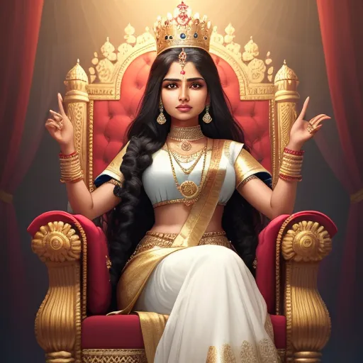 a woman sitting on a throne with a crown on her head and a crown on her head, in a white dress, by Raja Ravi Varma