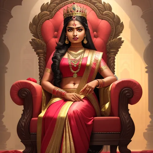 a woman in a red and gold sari sitting on a red chair with a gold necklace on her neck, by Raja Ravi Varma