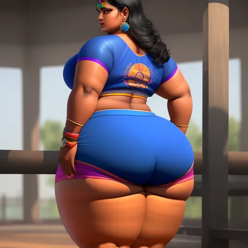 ai based photo editor - a woman in a blue shirt and purple shorts is standing in a room with a large butt and a large belly, by Botero
