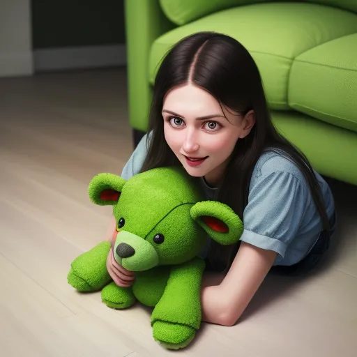enlarge image - a girl laying on the floor with a green teddy bear in her hands and a green couch in the background, by Adam Martinakis