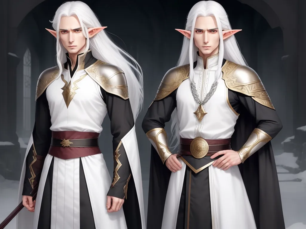 a couple of men in white and black outfits with white hair and white hair and white beards, one wearing a white and black outfit with gold trim, by Chen Daofu