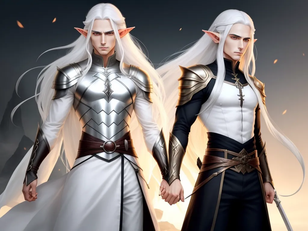 ai image generators - two men in white and black outfits holding hands with one another, both wearing white hair and white hair, by Sailor Moon