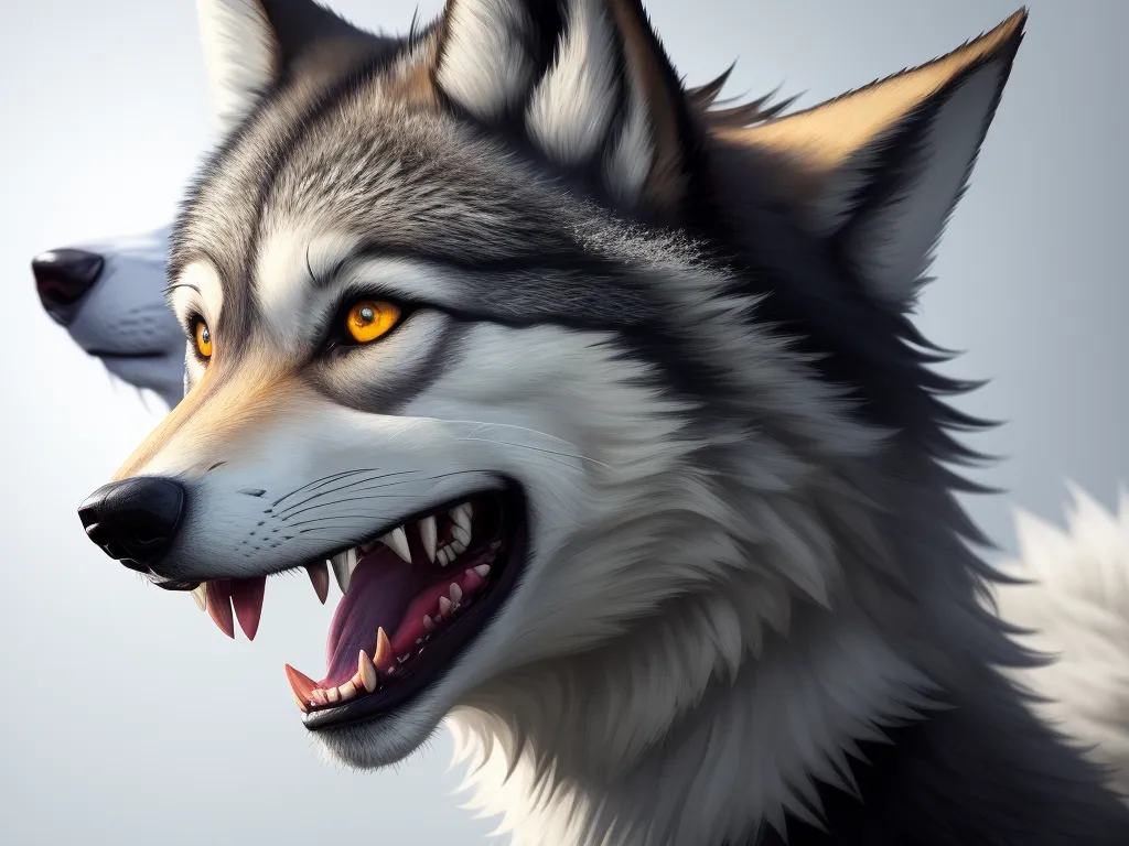 ai text to picture - a wolf with yellow eyes and a white face with a black nose and mouth with a white background and a gray background, by Jeff Simpson