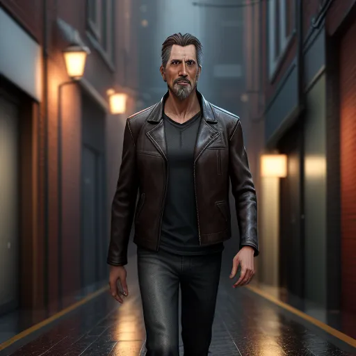 high quality pictures online - a man walking down a hallway in a leather jacket and jeans with a beard and a leather jacket on, by Dan Smith