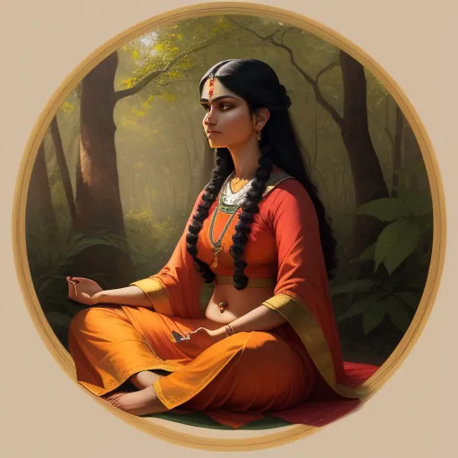 a painting of a woman sitting in a forest with her hands in her pockets and a necklace on her neck, by Raja Ravi Varma