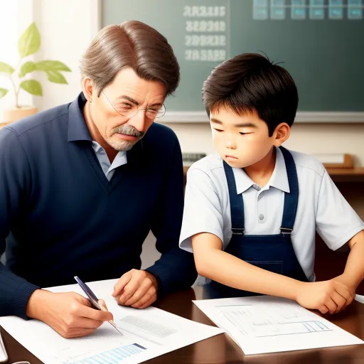 a man and a boy sitting at a table with papers and pens in front of them, with a blackboard in the background, by Baiōken Eishun