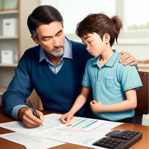 a man and a boy are doing paperwork at a desk with a calculator and a calculator, by Baiōken Eishun