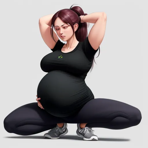 4k image - a pregnant woman sitting on a yoga mat with her hands behind her head and her hands behind her head, by Lois van Baarle
