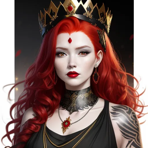 imagesize converter - a woman with red hair wearing a crown and a choker necklace and earrings on her neck and a black dress, by Tom Bagshaw