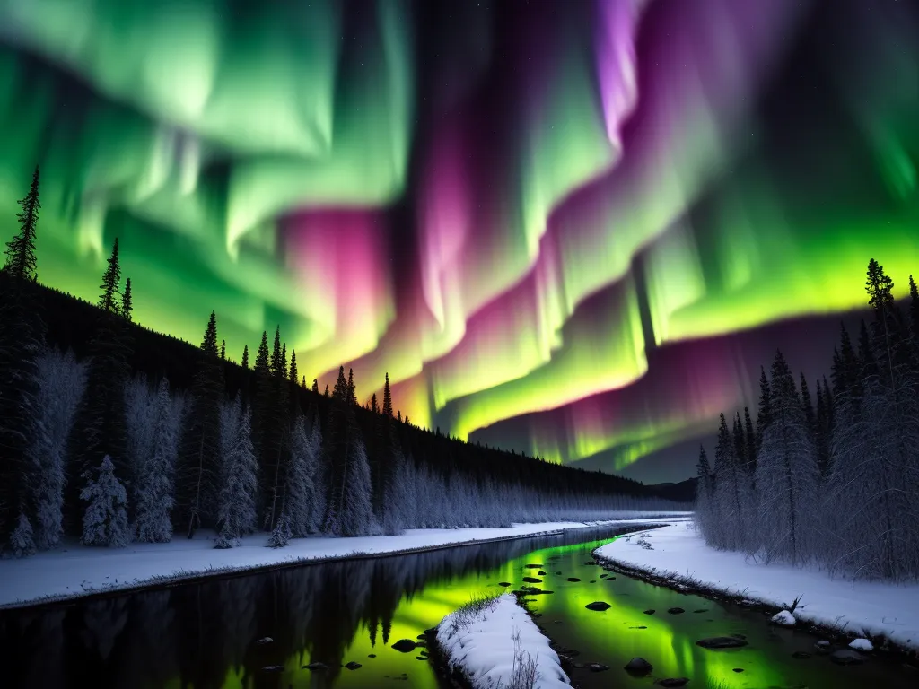 ai genrated images - a beautiful aurora bore over a river and forest in the snow with a bright green and purple aurora bore, by John Martin