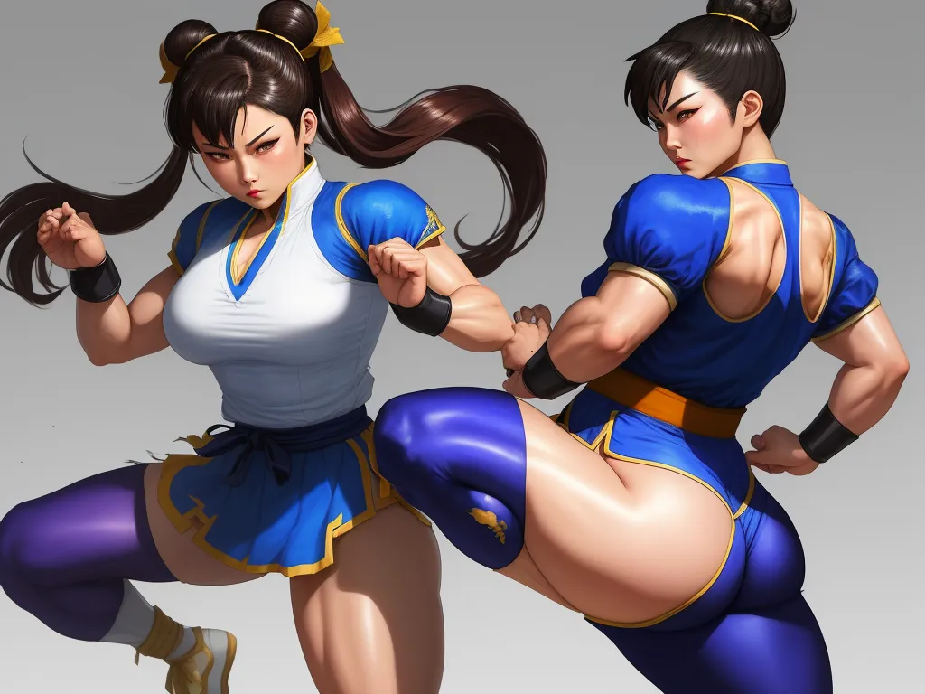 convert photo to high resolution - two women in costumes are fighting each other in a pose together, both of them are wearing blue and white, by theCHAMBA