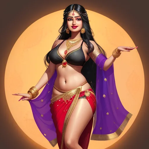 how to increase photo resolution - a woman in a belly dance outfit with a purple cape on her head and a purple shawl on her head, by Raja Ravi Varma